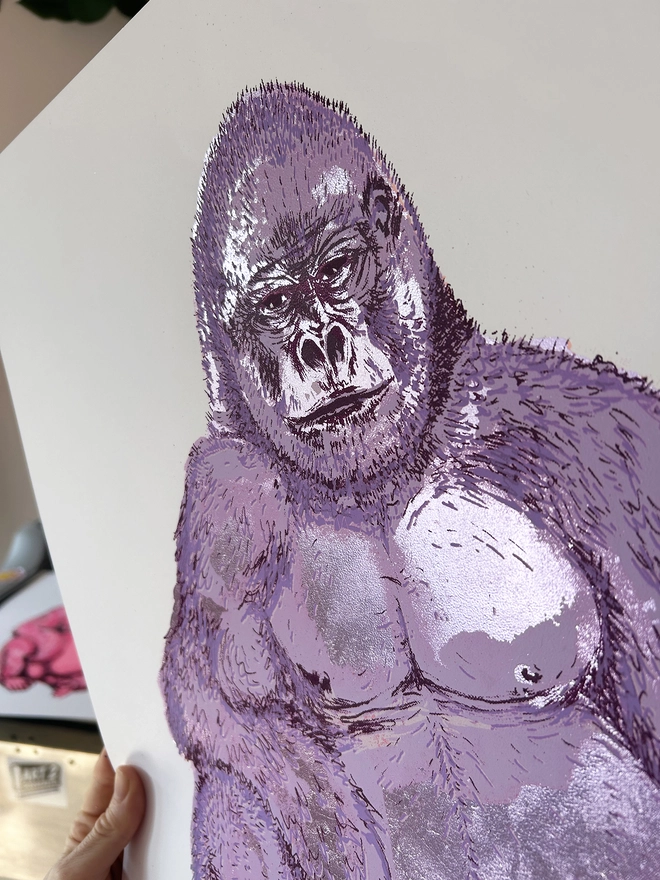 close up of Lilac Gorilla Screen Print, shiny