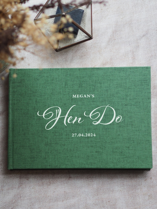 green personalised hen do guestbook