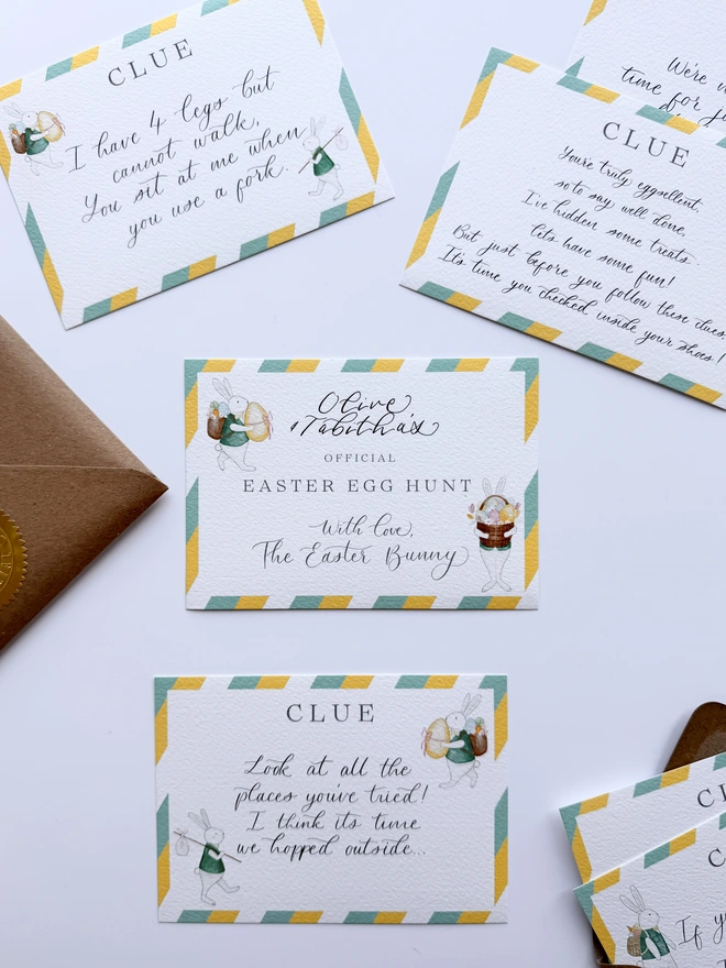 Easter Bunny illustrated egg hunt cards. Personalised with child's name on first page. 