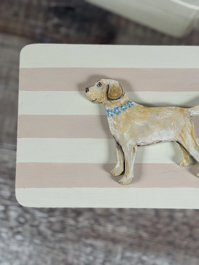 Pink and White Striped Box with a hand-painted pale yellow labrador with a blue and yellow forget me not flower collar