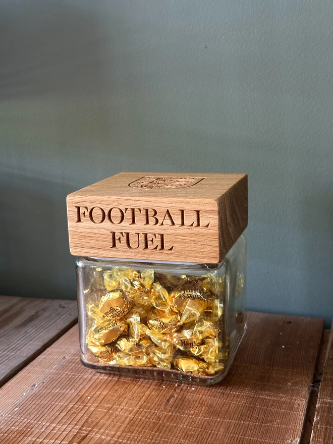 jar with sweets engraved with football fuel