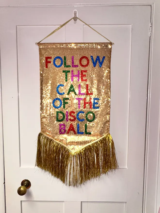 follow the call of the disco ball sequin banner