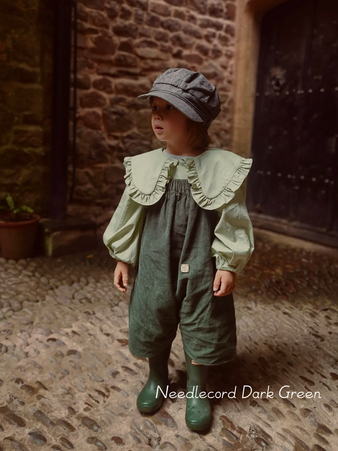kids short dungarees needlecord dark green
