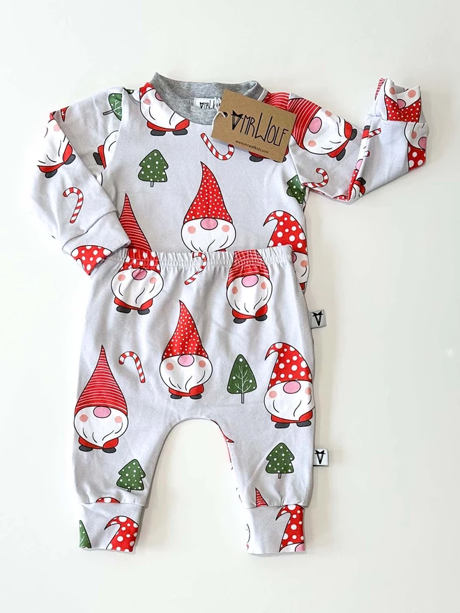 Baby and toddler lounge set in a cute Christmas gnomes print