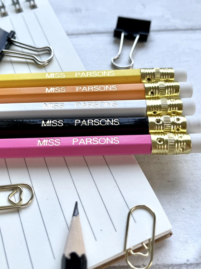 5 HB Pencils - Pink, Yellow, Orange, White & Black with gold foil text