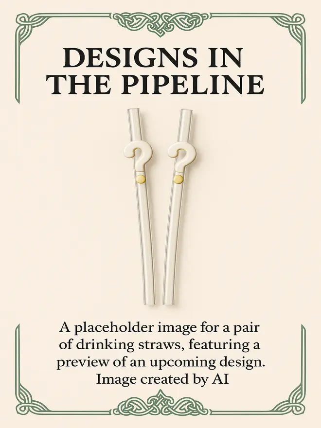 Placeholder image for custom pre-order ceramic drinking straws with unique designs in progress. Featuring two straight straws with whimsical question mark icons, set against a soft cream-colored background with vintage-style borders. Image created by AI, not a photo of an actual product.