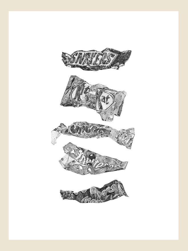 Artwork of chocolate bar wrappers art print