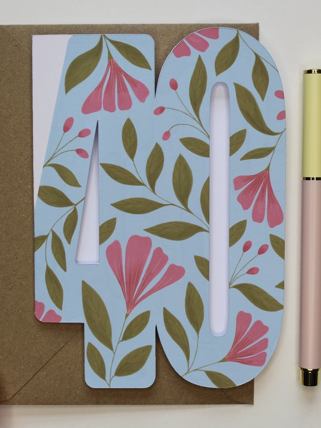 floral 40th birthday card. blue and pink floral card shaped like 40.