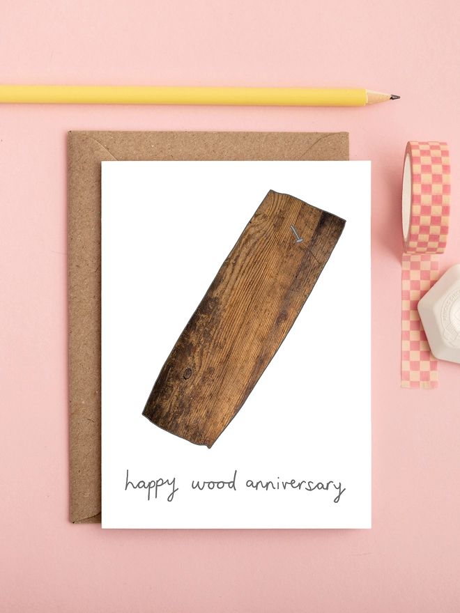 cheeky and funny fifth wedding anniversary card featuring a piece of wood