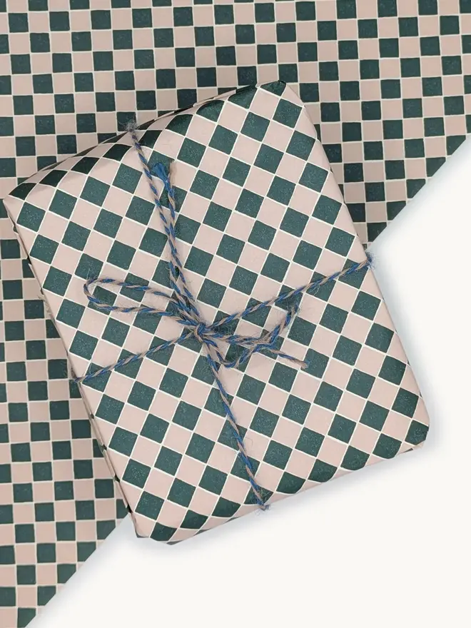pink and green checkerboard gift wrap