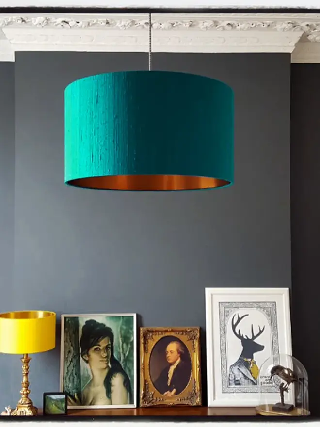 Teal Green Silk Handmade Lampshade With Copper or Gold Foil Lining, 