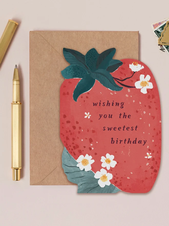Sweet Strawberry Birthday Card by Sister Paper Co with a kraft envelope
