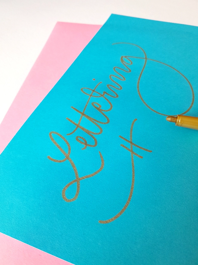 Meticulous Ink Modern Lettering Kit - Example script lettering with gold pen