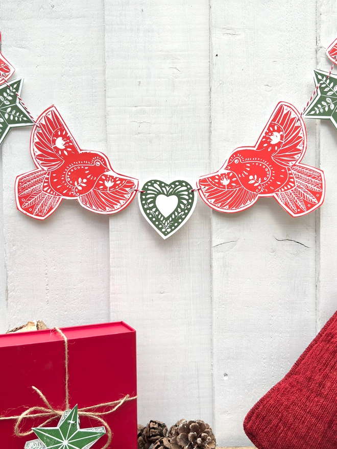 'When Robins Appear' Hand Printed Traditional Nordic Linocut Garland