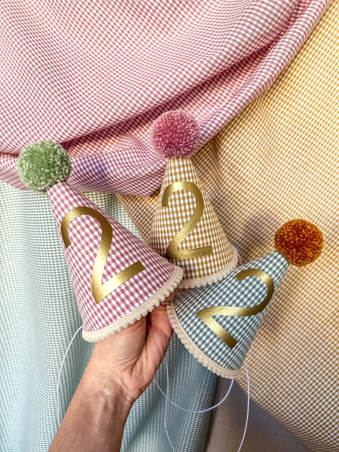 Pink, Yellow and Green Gingham Check Party Hats