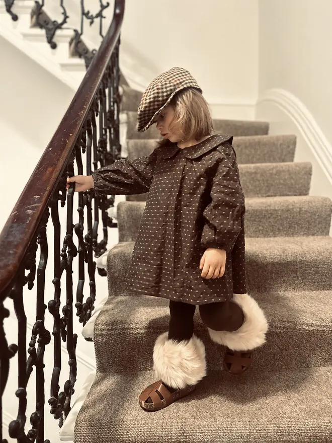 kids Peter Pan colour blouse dress dotty brown