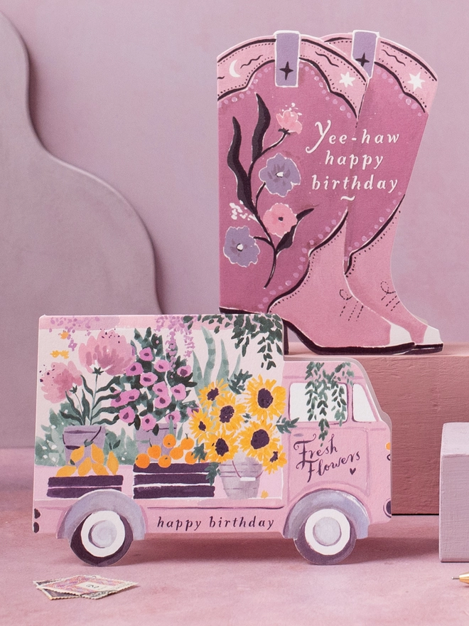 Birthday Card cut into the shape of a Flower Vendor Cart