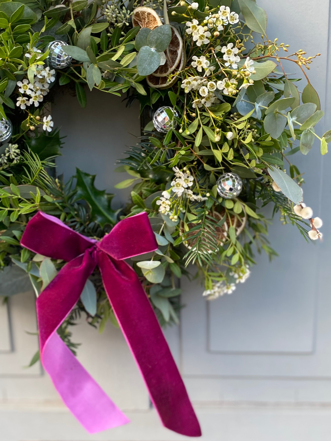 Handmade Fresh Christmas Wreath Eucalyptus Disco Balls Pink Velvet Bow