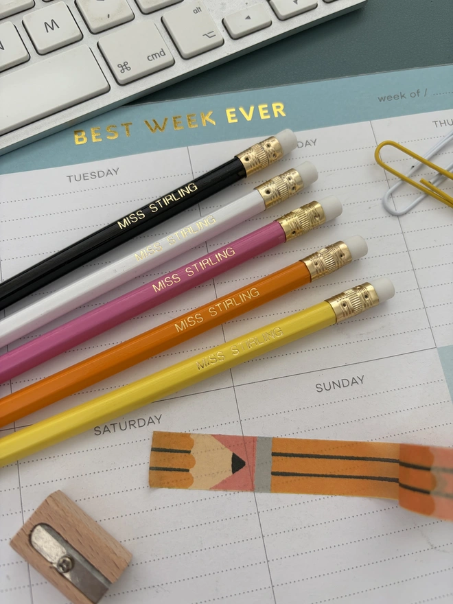 5 HB Pencils - Pink, Yellow, Orange, White & Black with gold foil text