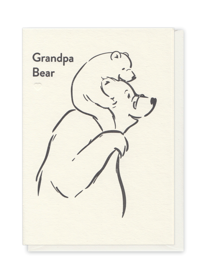 Letterpress greeting card for Grandpa Bear.  Simple black and white illustration of bear characters - grandpa bear with baby bear on his shoulders.