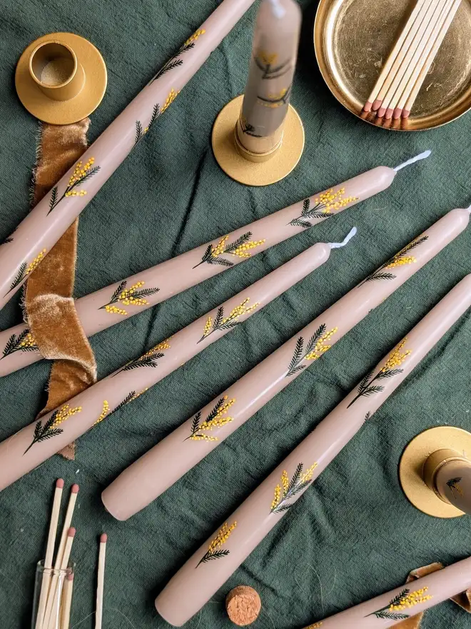 Oat Taper Candles With Mimosa Blossom Design