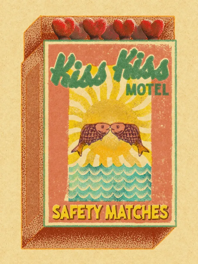 The Design This artwork features two charmingly illustrated fish sharing a "kiss" above rolling ocean waves, set against a vibrant sunburst background. Topped with heart-shaped match heads and classic typography, it perfectly mimics the textured, slightly off-register look of vintage risograph printing.  Style & Vibe Retro Romantic: A playful nod to 1950s motel culture and coastal honeymoon spots.  Textural Depth: The "Safety Matches" aesthetic includes a grainy, weathered finish that makes the print look like a genuine antique find.  Warm Palette: Soft creams, dusty pinks, and deep ocean blues create a nostalgic, inviting atmosphere.