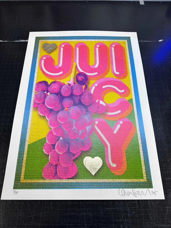 juicy typographical retro screenprint with grapes and tiled mosiac floor