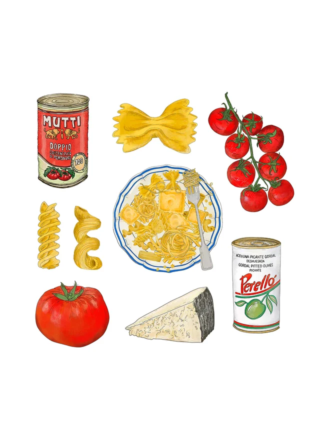 red pasta food collage