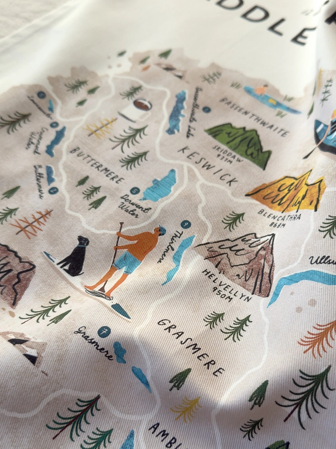 Paddle the Lakes Map Tea Towel Close Up