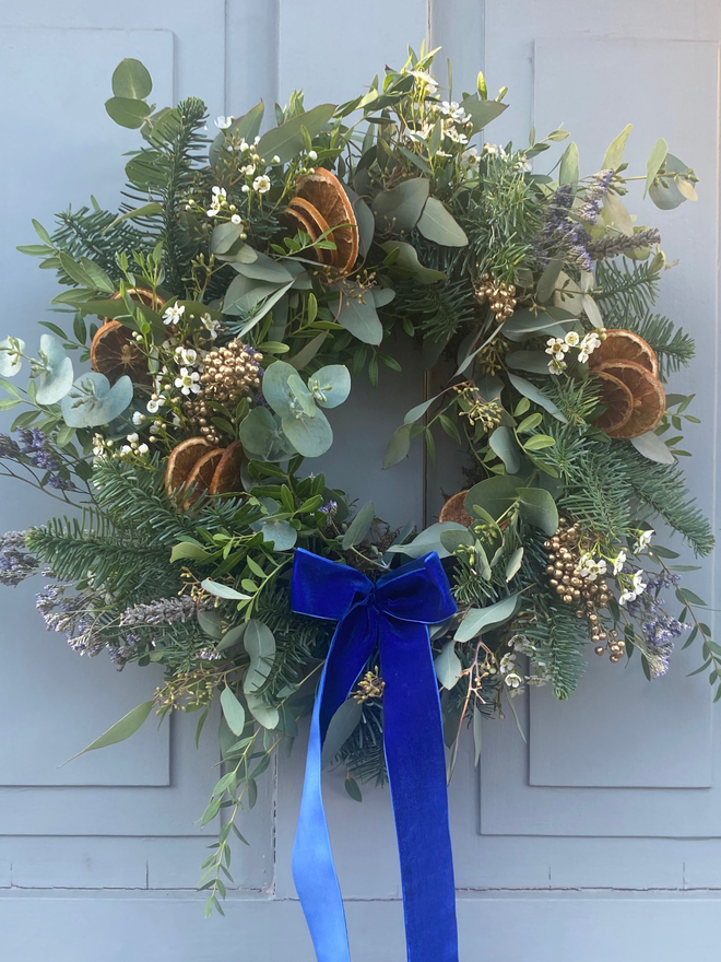 Christmas Marmalade Wreath with Eucalyptus, Pine and Orange Slices, Blue Velvet Bow