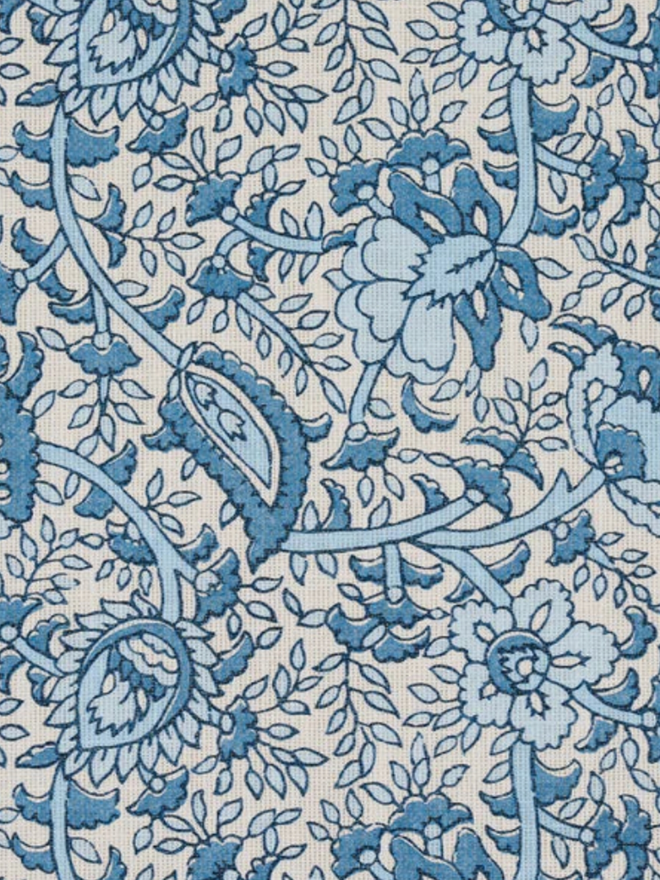 Indian Block Print Parasol. A close up of a blue and white parasol 