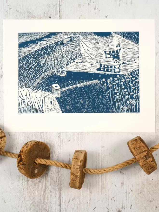 Picture of Porthgain Harbour, taken from an original Lino Print 