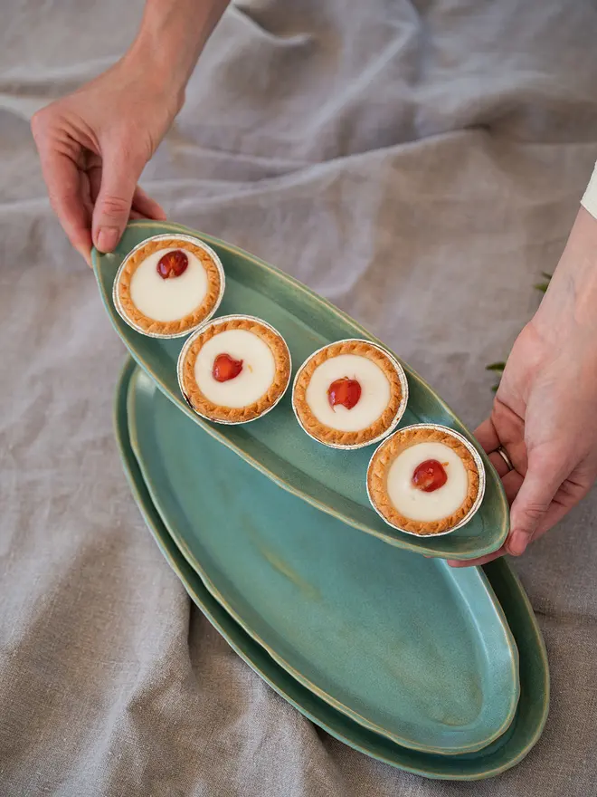 aqua ceramic platter, jenny hopps pottery