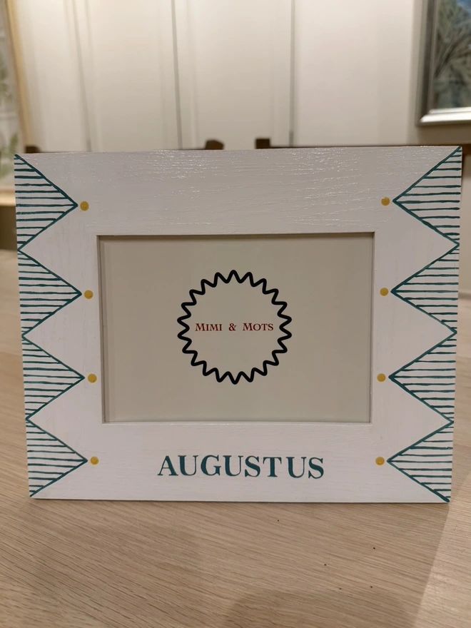 Hand painted photo frame for children's gifts,  green details with green name. 