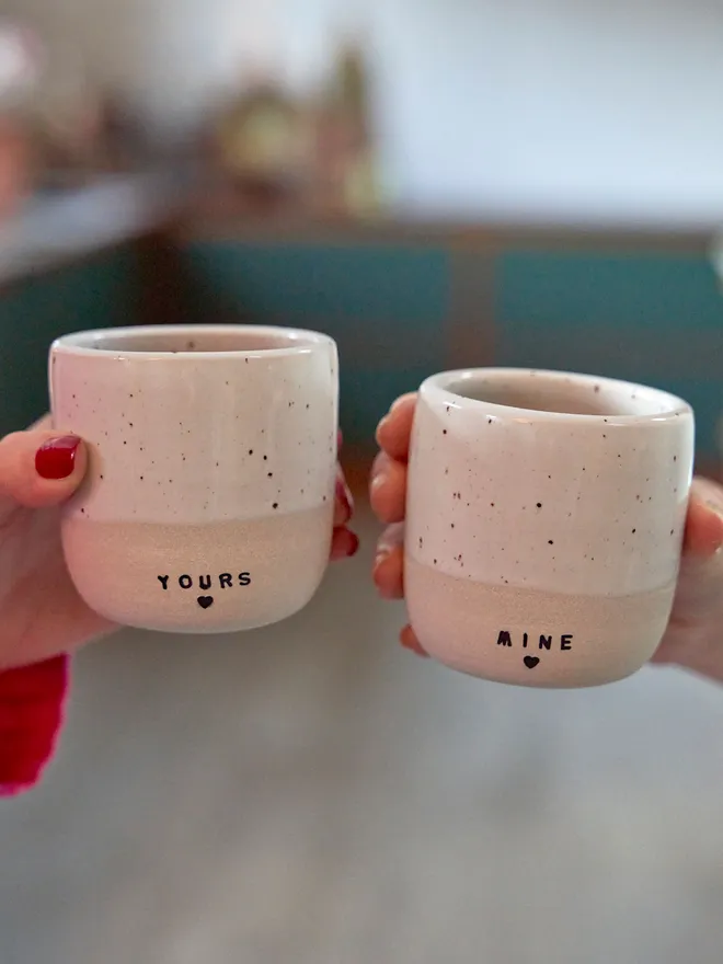 Mine and yours ceramic travel coffee cup