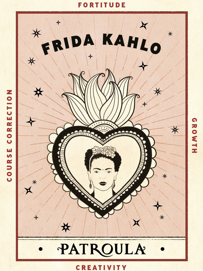Illustrated pink and black postcard with an image of Frida Kahlo 