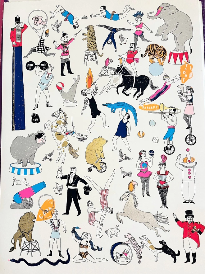 Showtime! Circus Screen Print, a colourful screen print with lots of circus animals. 