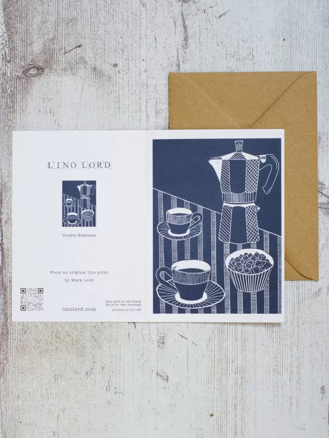Greeting Card with an image of Coffee For Two, taken from an original lino print