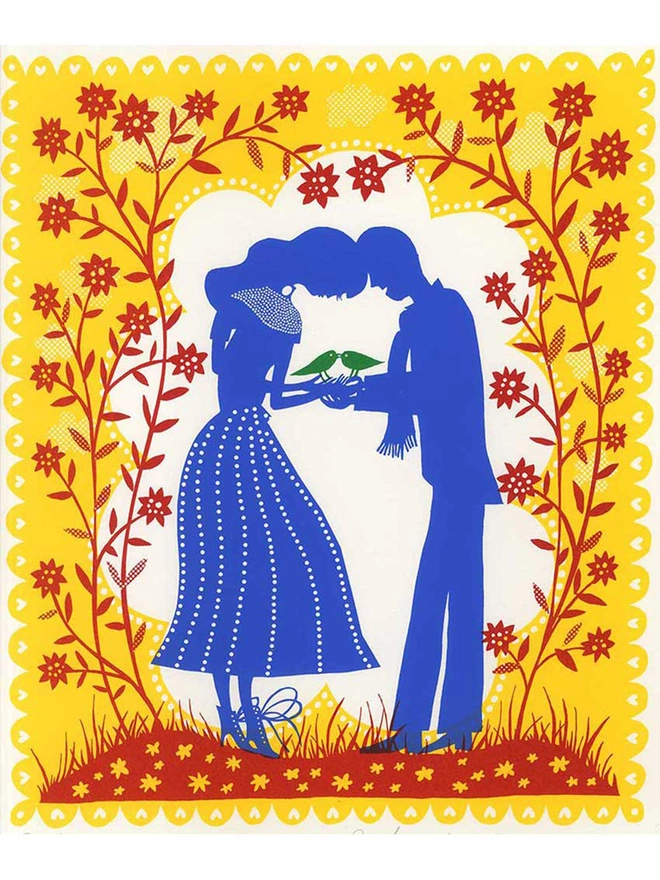 Male and Female VERSION. Bird People Screen print. Screenprint with a yellow background, red floral details and two blue figures holding two green birds in the centre.