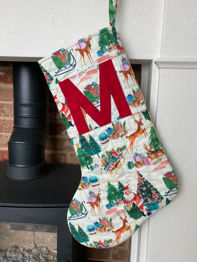 Cooper and Fred Personalised Christmas Stocking in a Christmas Scene Print