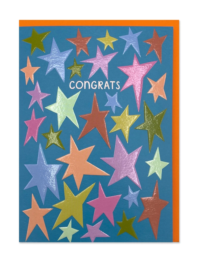 A congratulations card with a playful star pattern against a bright blue background with a ‘Congrats’ message. Spot UV and Embossed finish highlight the wonderful colours and give it a luxe tactile feel.