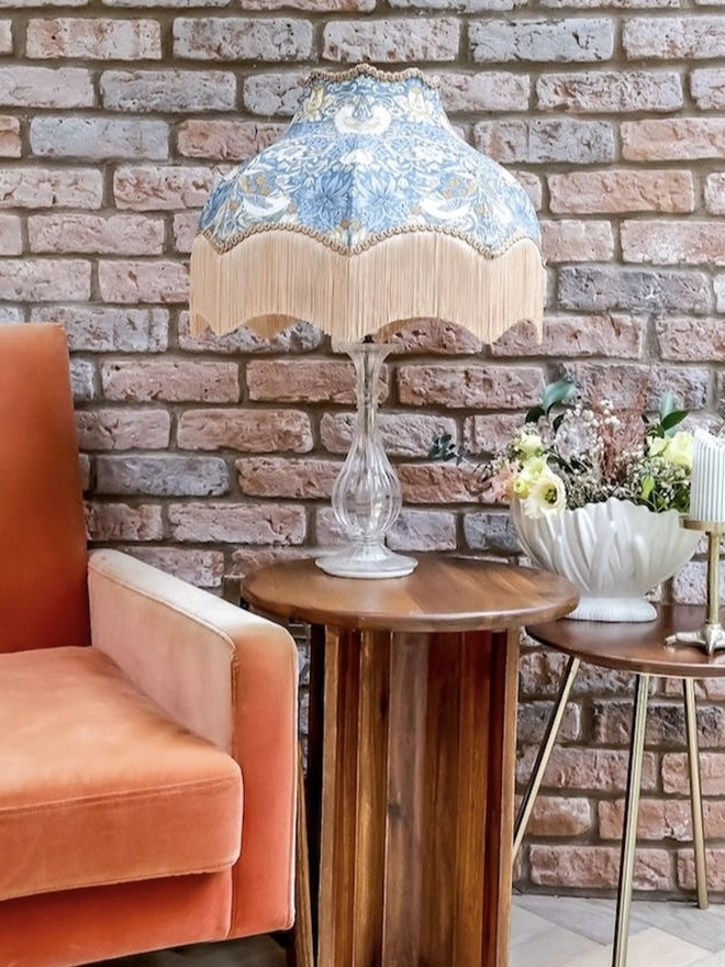 William Morris Strawberry Thief Fringed Lampshade Blue