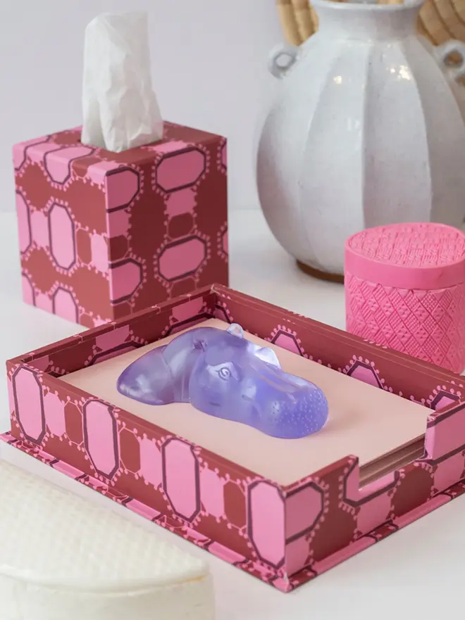 Hexagonal Brush Pot, a colourful patterned pencil pot sitting on a white surface accompanied by some desk accessories. 
