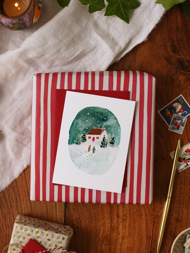 Snowy Winter House Scene Mini Christmas Card