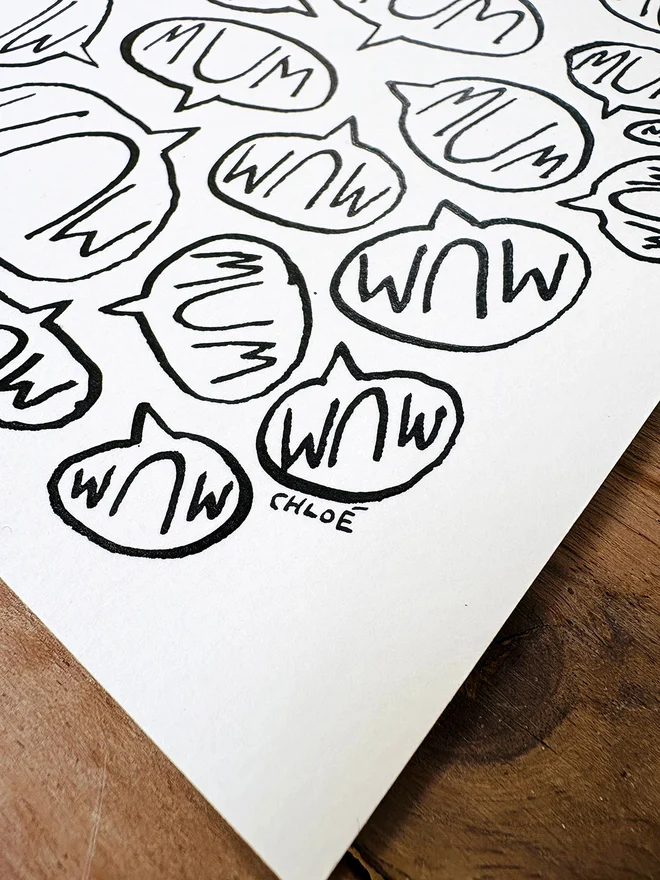 Ink drawing of speech bubbles with the word Mum inside, to represent the familiar sound of motherhood