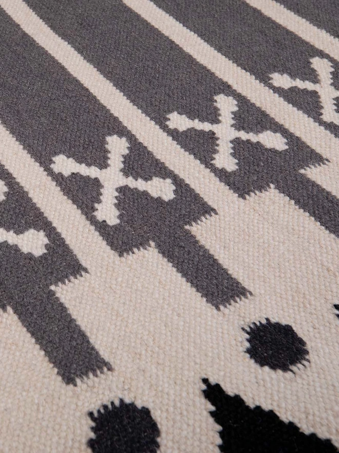 Darjeeling Flatweave Rug, a colourful rug on a plain surface. 