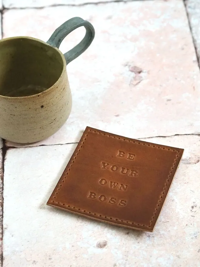 personalised leather coaster in tan brown