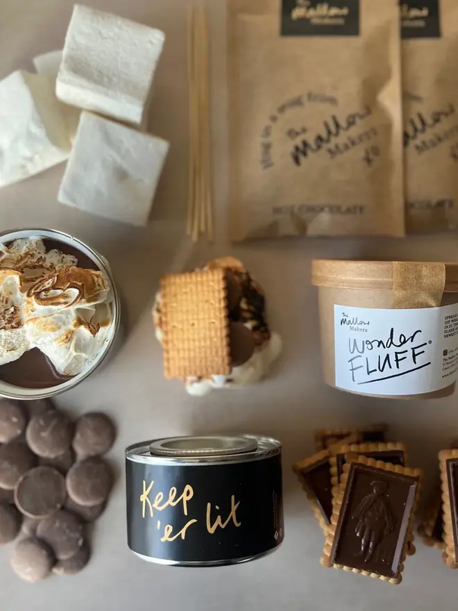 Luxury S'mores & Hot Chocolate Kit, the kit pictured on a marble surface. 