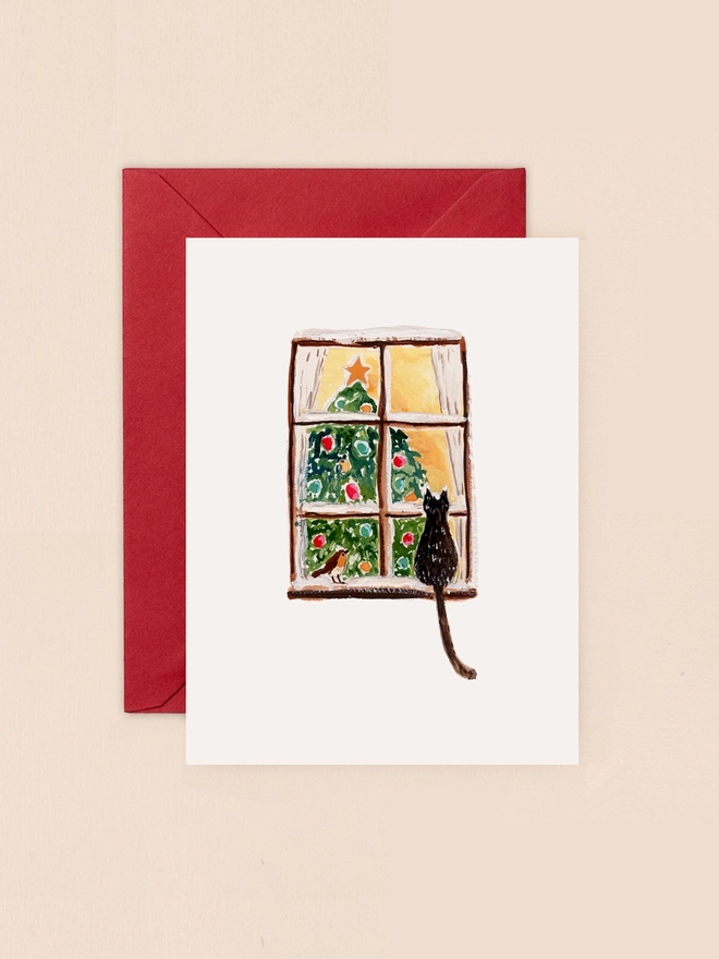 Winter Window Cat and Robin Mini Christmas Card
