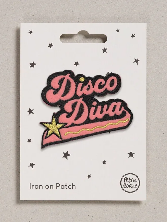 Disco diva mbroidered iron on fabric patch, pinbk,black and gold.